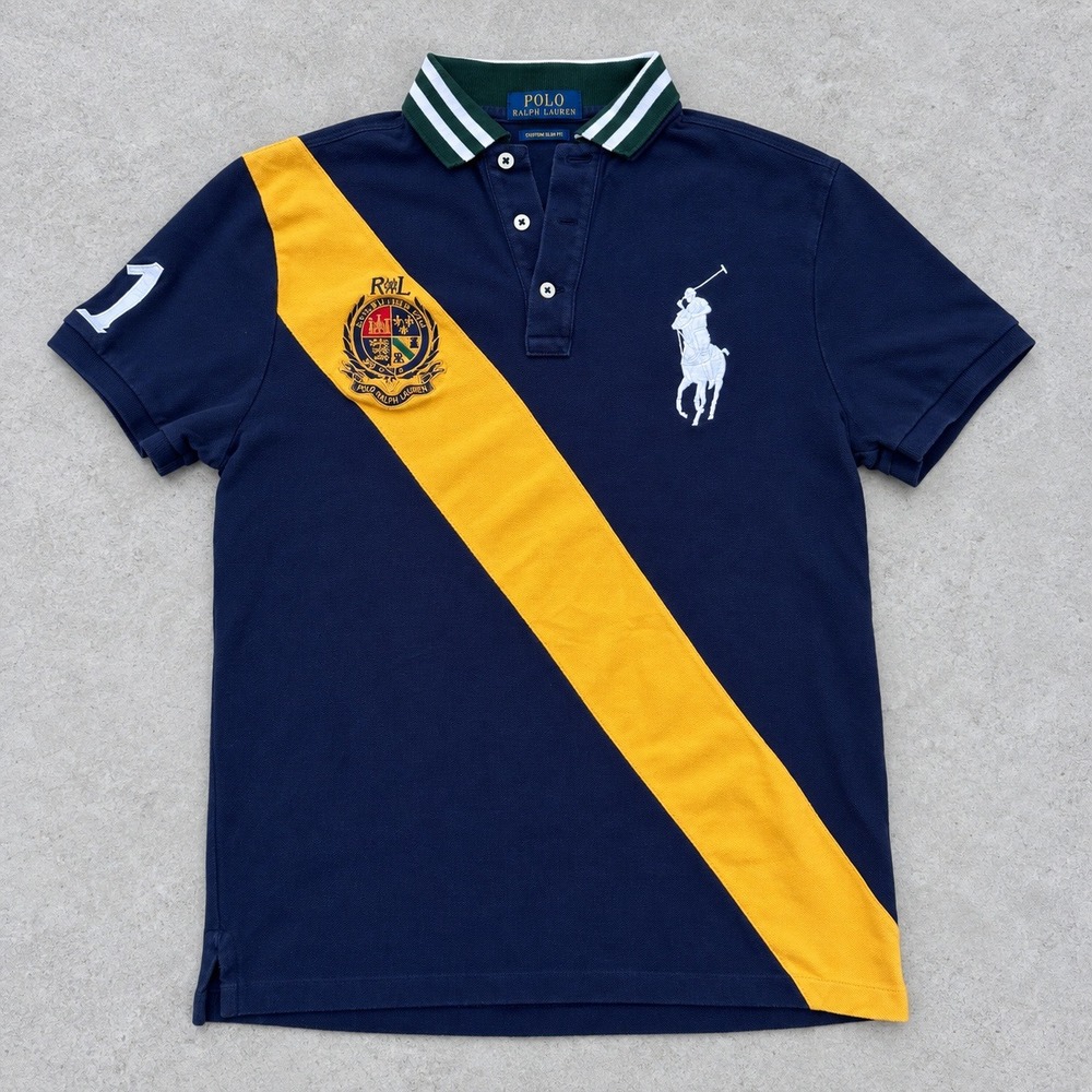 Polo Ralph Lauren Custom Slim Fit Striped Crest Big Pony Polo Shirt Navy M